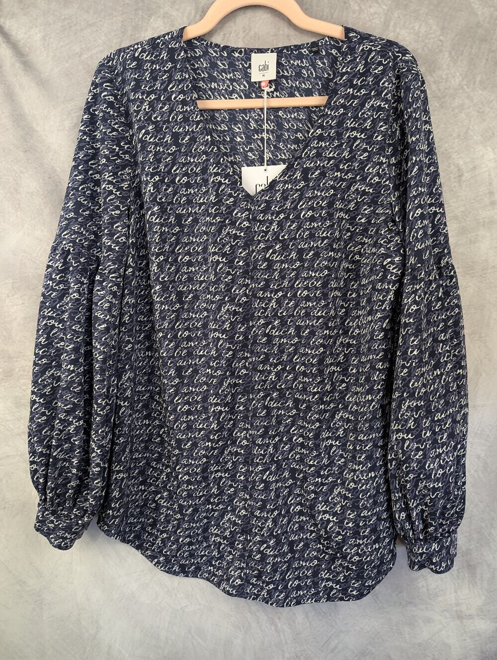 Cabi "Te Amo" Navy Blue Romantic Love Letter Script Print Blouse - Medium